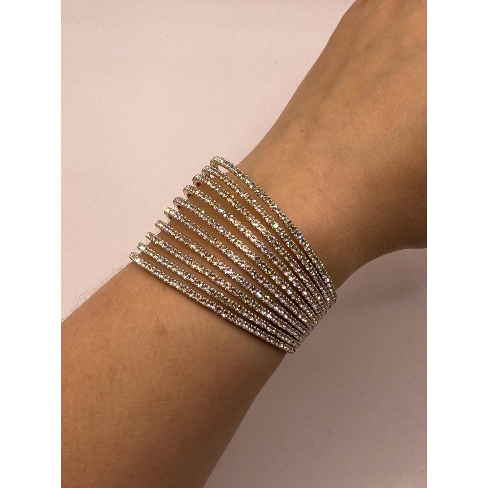 Gold Tone Multi Row Rhinestone Cuff Bracelet 10 Band Crystal Statement Bangle - Picture 10 of 11